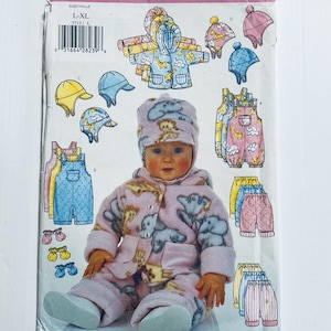 May include: A baby wearing a pink and gray elephant-patterned outfit with a matching hat. The image also shows a pattern for making baby clothes, including overalls, hats, and a hooded jacket. The pattern is labeled L-XL.