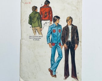 Simplicity 9875 Vintage 1971 Sewing Pattern Men's Unlined Jacket and Bell-bottom Pants 38 chest cut complete