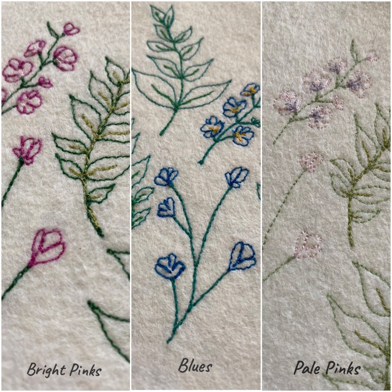 Pu&ograve; includere: Tre immagini ravvicinate di tessuto ricamato con diversi disegni floreali colorati. La prima immagine mostra fiori rosa acceso e foglie verdi. La seconda immagine mostra fiori blu e foglie verdi. La terza immagine mostra fiori rosa pallido e foglie verdi. Il testo "Bright Pinks", "Blues" e "Pale Pinks" &egrave; scritto sotto ogni immagine.