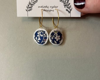 Circle embroidered liberty print hoop earrings