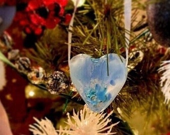 CREMATION GLASS HEART Bead, Christmas Ornament, Pet Memorial Necklace, Glass Keepsake,  Memorial Glass Necklace, Trina Rindy Glass