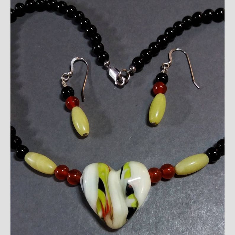 GLASS and GEM HEART Necklace Set Onyx Trina Rindy Serpentine Necklace and Earring Set Handmade Necklace and Earring Set Ready To Ship