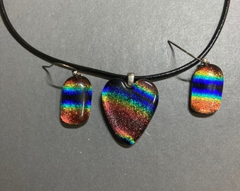 DICHROIC GLASS JEWELRY Set, Dichroic Fused Glass, Heart and Earrings, Fused Glass Jewelry, Trina Rindy, Gift For Her