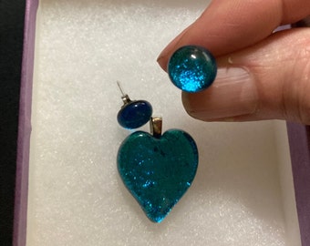 TURQUOISE DICHROIC HEART, Turquoise Fused Necklace, Heart and Stud Set, Jewelry Set, Trina Rindy Glass,  Dichroic  Jewelry Set