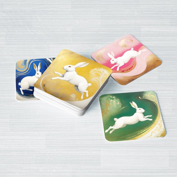 Leap Year Leaping Bunny Coasters - Jugendstil Style - Set of Four, or Set of Eight