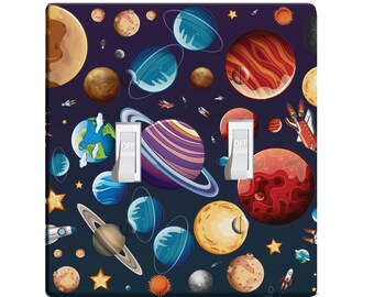 2-Gang Device Receptacle Wallplate Light Panel Cover Decoration Wallplate Double Outlet Wall Plate/Panel Plate/Cover Colorful Planets And UFO in Outer Space