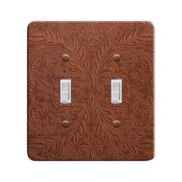 Embossi Printed Maxi Metal Western Saddle Tooled Leather Pattern Switch Plate Cover - Light Switch / Outlet Cover Custom Plate, L0048