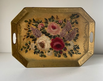 Vintage gold floral toleware painted tray / gilded flowers peonies lilacs wall decor serving tray