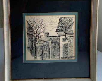 Vintage grafische pen en inkt stadsgezicht / uitzicht vanuit burgemeesters venster York PA / Historische gebouw lijn tekening