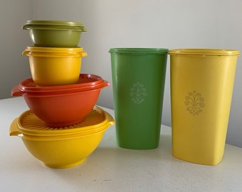 Vintage 1970s Tupperware Servalier 12 pieces / large Canisters small containers / orange yellow green 1960s retro kitchen storage container