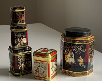 Vintage American Chinese Themed Tea Tin Canister Decor Kitchen Food Storage Box circa 1980-90/'s English Shop