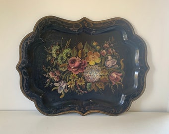 Vintage large scalloped metal floral toleware tray / shabby grand millenial style tole serving /  wall barcart entry coffee table styling