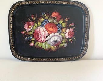 Vintage black floral toleware tray