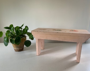 Vintage pink painted wooden bench or child's stool / 1950s small wood children's bench / nursery or bedroom storage