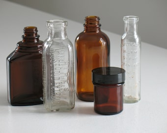 Vintage Old glass bottle collection / brown and clear glass apothecary jars