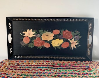 Vintage long black floral toleware tray / mid century punched metal tole panted serving tray /  colorful flowers