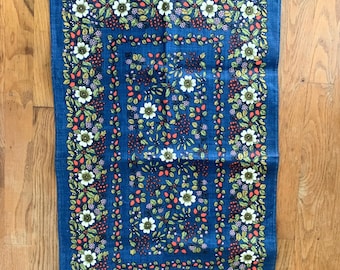 Vintage Irish linen tea towel / Briar Rose by Ulster blue floral fruit pattern