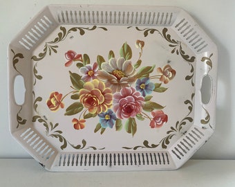 Vintage shabby chic white floral toleware tray / mid century tole pierced metal serving tray /  grand millenial home decor styling