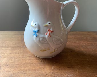 Vintage Otagiri ducks geese ceramic pitcher pink and blue bows 1980s