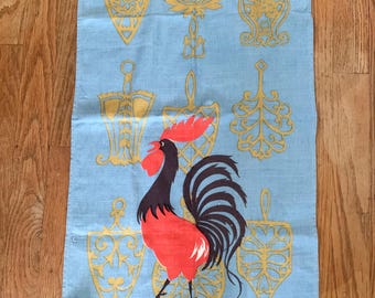 Vintage Rooster Trivet linen tea towel by Dewan/ 1950s MCM chicken kitchen decor