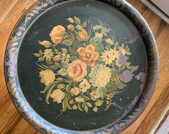 Vintage Toleware Tray Table: Black Floral Serving Stand