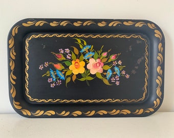 Vintage black floral toleware tray / mid century tole serving tray /  grand millenial gallery wall decor table styling