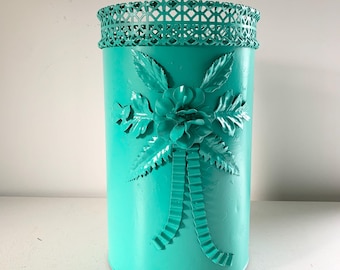 Vintage 1950s metal aqua or teal painted waste basket or trash can