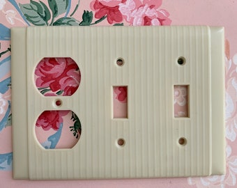 Vintage Switch Plate Outlet Combination Covers /  two toggle one duplex Ivory Cream Art Deco /  3 gang light fine ribbed old house parts