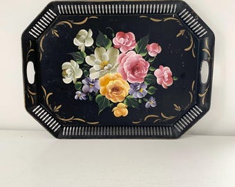 Vintage large colorful black floral toleware tray / mid century punched metal tole serving tray /  grand millenial wall decor table styling