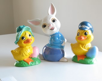 Vintage 1970s Easter Bunny and chicks ceramic figurines / large ceramic retro Easter / kitsch Easter decor