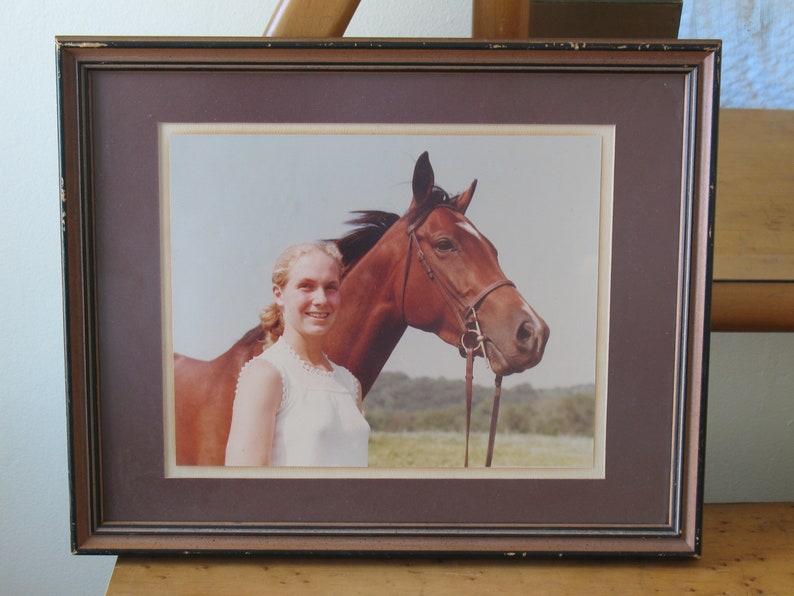 Vintage girl with horse framed photograph / retro horse photo / equestrian wall art home decor / horse lover gift image 1