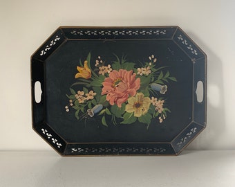 Vintage large colorful black floral toleware tray / mid century punched metal tole serving tray /  grand millenial wall decor table styling