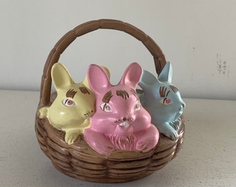 Vintage 1970s Ceramic Easter bunnies in a basket/ Lefton Napco copy /  yellow blue rabbit candy dish / Easter decor decoration