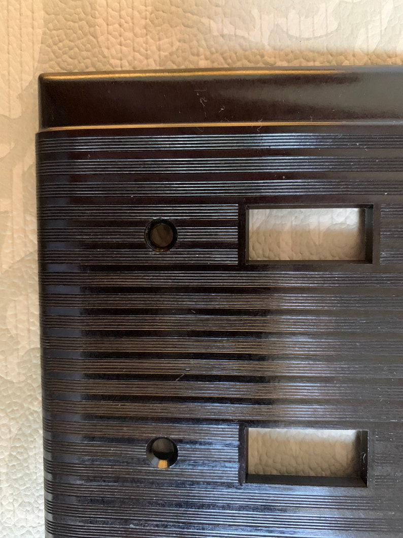 Vintage Bakelite Switch Plate Covers / Brown Art Deco triple Light Switch Cover ribbed fine line old house parts image 3