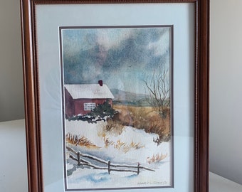 Vintage Winter Country Scene Watercolor / Snowy farm original framed art / snow scene home decor Mary Davis