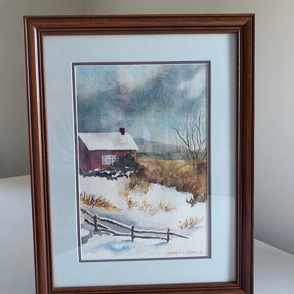 Vintage Winter Country Scene Watercolor / Snowy farm original framed art / snow scene home decor Mary Davis