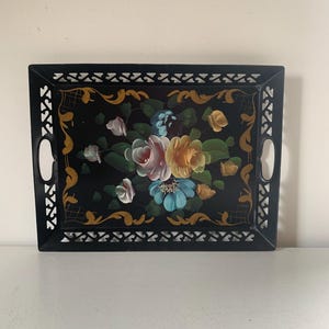 Vintage black floral toleware tray / mid century tole serving tray /  pierced border metal tray / grand millenial decor table styling