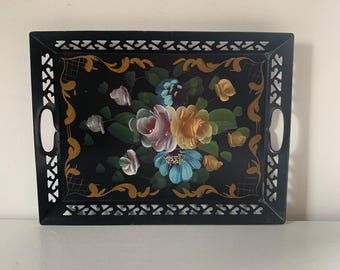 Vintage Floral Toleware Tray: Mid-Century Pierced Metal Serving Tray