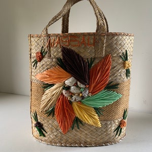 Vintage große Strandtasche aus geflochtenem Stroh / gestickte Bast / Markttasche / Nassau Bahamas Souvenir