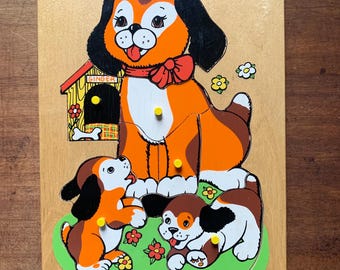 Vintage 1970s Fisher Price Dogs and Puppies  wooden puzzle / colorful childrens learning / analog childhood