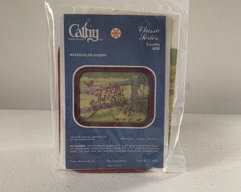 Vintage Cathy Needlecraft Watercolor Accent  /  Bluebird on a fence with roses Country 4036  embroidery kit / 1980s craft kit / crafter gift