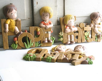 Vintage Burwood Children's Room Wall Hanging / Hope Faith Charity Wall Plaques / Boho 1970s Child Room Decor