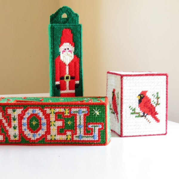 Vintage Plastic Canvas Needlepoint Cardinal and Noel Christmas Tissue Box Covers / Santa Fireplace match holder / retro holiday home decor