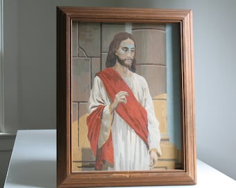 Vintage Paint by number Jesus / framed religious art / Christ painting / kitsch retro home decor wall hanging