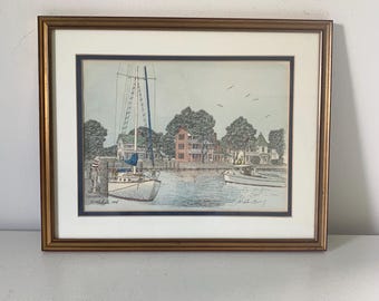 Vintage framed St. Michael’s hand watercolored print by Martin Barry