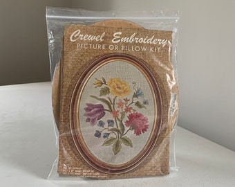 Vintage Floral Crewel Embroidery Picture or Pillow Kit  /  Flower Bouquet 1980s needlework craft kit with frame / crafter gift