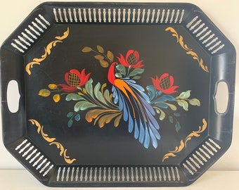 Vintage colorful folk art toleware tray / PA Dutch floral distelfink mid century tole pierced metal /  grand millenial home decor styling