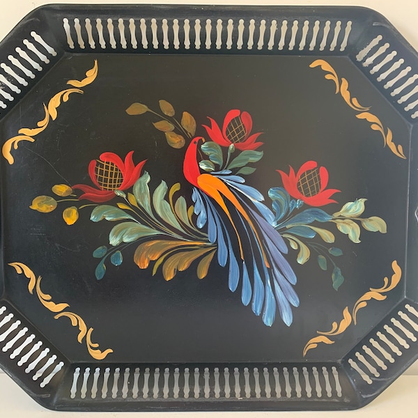 Vintage colorful folk art toleware tray / PA Dutch floral distelfink mid century tole pierced metal /  grand millenial home decor styling