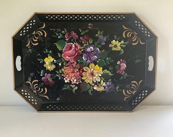 Vintage large colorful black floral toleware tray / mid century punched metal tole serving tray /  grand millenial wall decor table styling