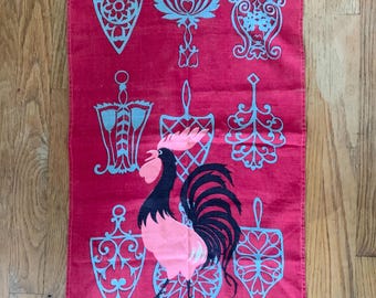 Vintage Rooster Trivet linen tea towel by Dewan/ 1950s MCM chicken kitchen decor